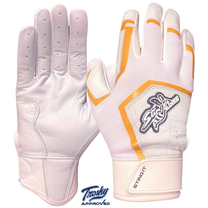 Load image into Gallery viewer, Sting Squad Batting Gloves - White &amp; Gold
