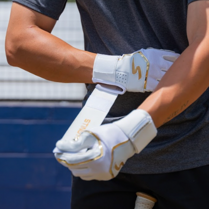 Load image into Gallery viewer, Winder Series Batting Gloves - White &amp; Gold Chrome
